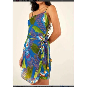 FARM RIO Mini Wrap Dress Small Blue Macaw Print 100% Linen NWT Colorful Tropical